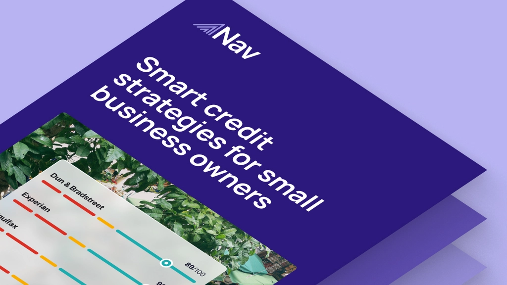 Nav guide cover titled “Smart credit strategies for small business owners” featuring credit score comparison graphics on a purple background.